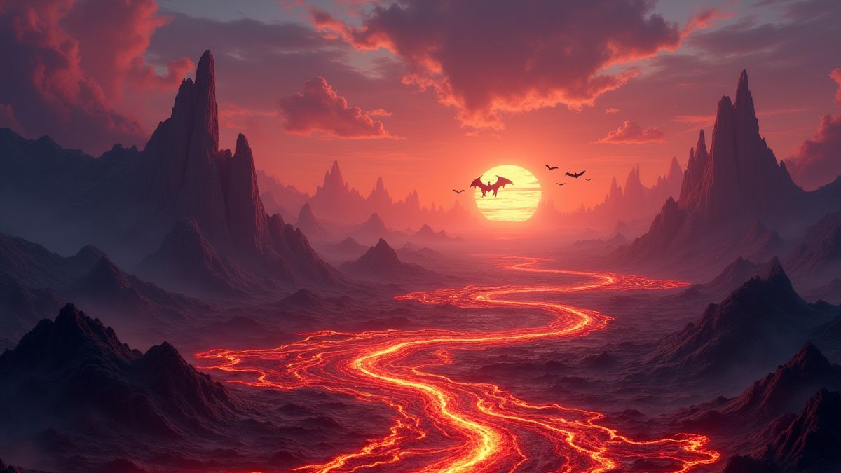 Fantastische Landschaft mit Lava und Drachen-Silhouetten.