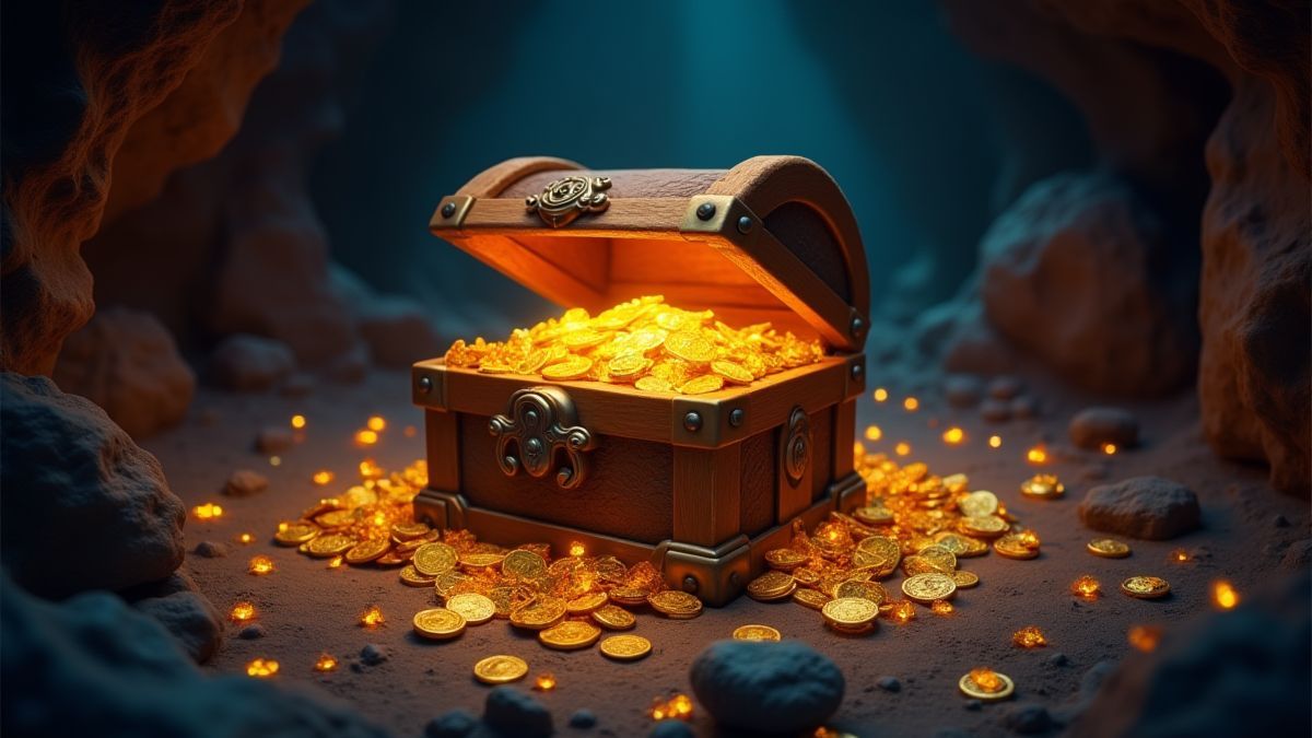 Un cofre lleno de tesoros rodeado de monedas y gemas en una cueva oscura.