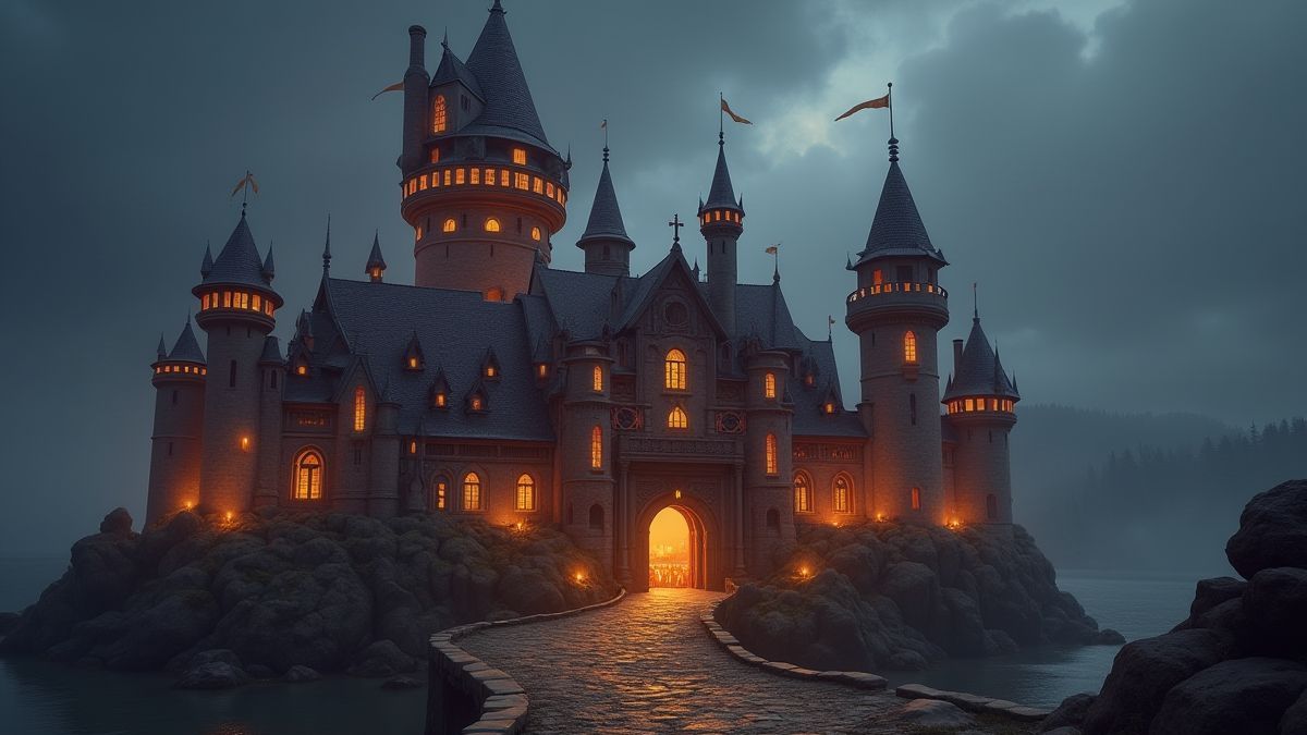 Un castillo medieval con una torre brillante que simboliza riquezas y recompensas.