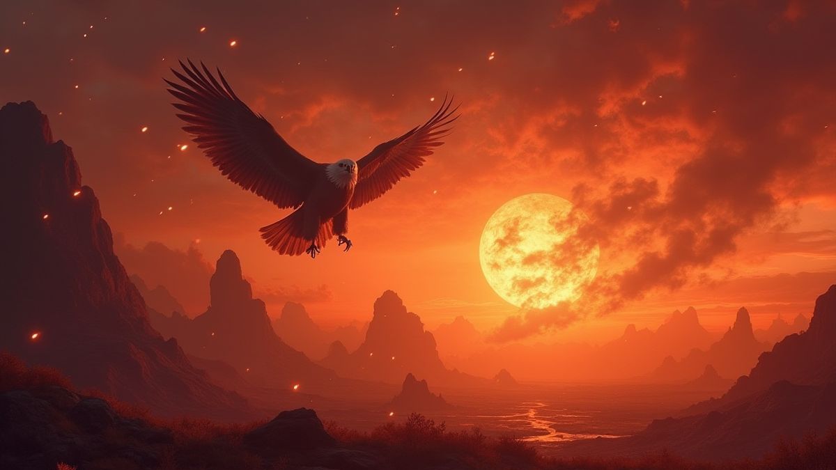 Fiery landscape with flying eagles and glowing symbols.