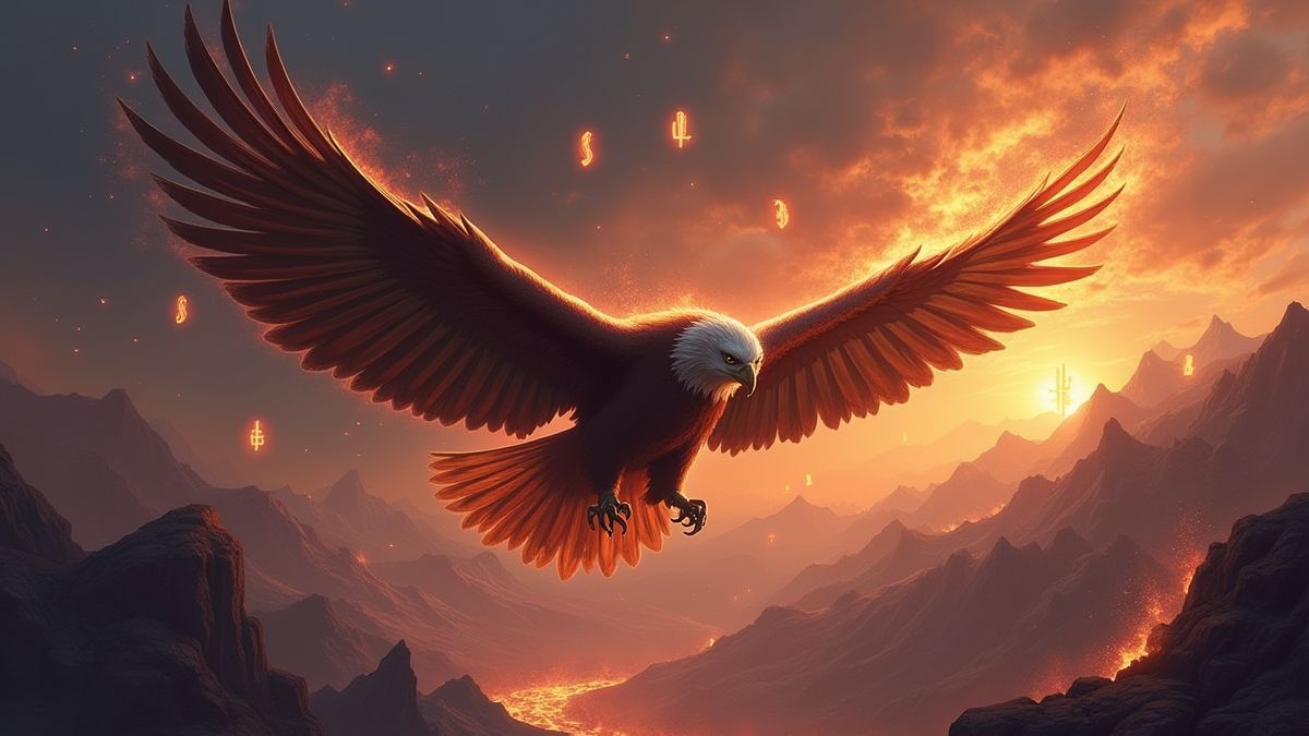 Epic eagle above fiery mountains with glowing symbols.