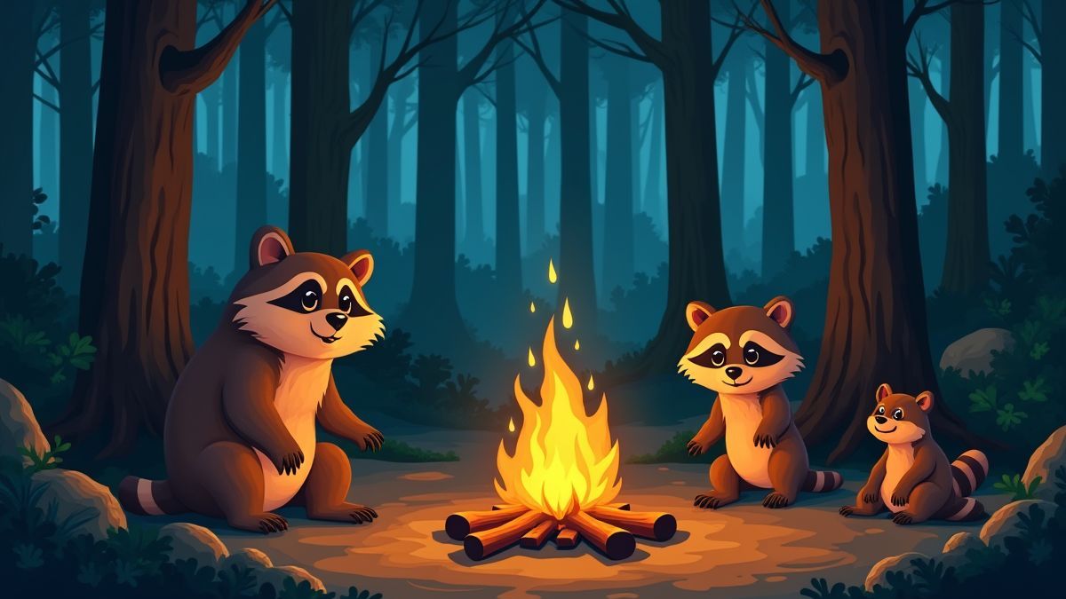 Escena de bosque caricaturesca con animales y una fogata.