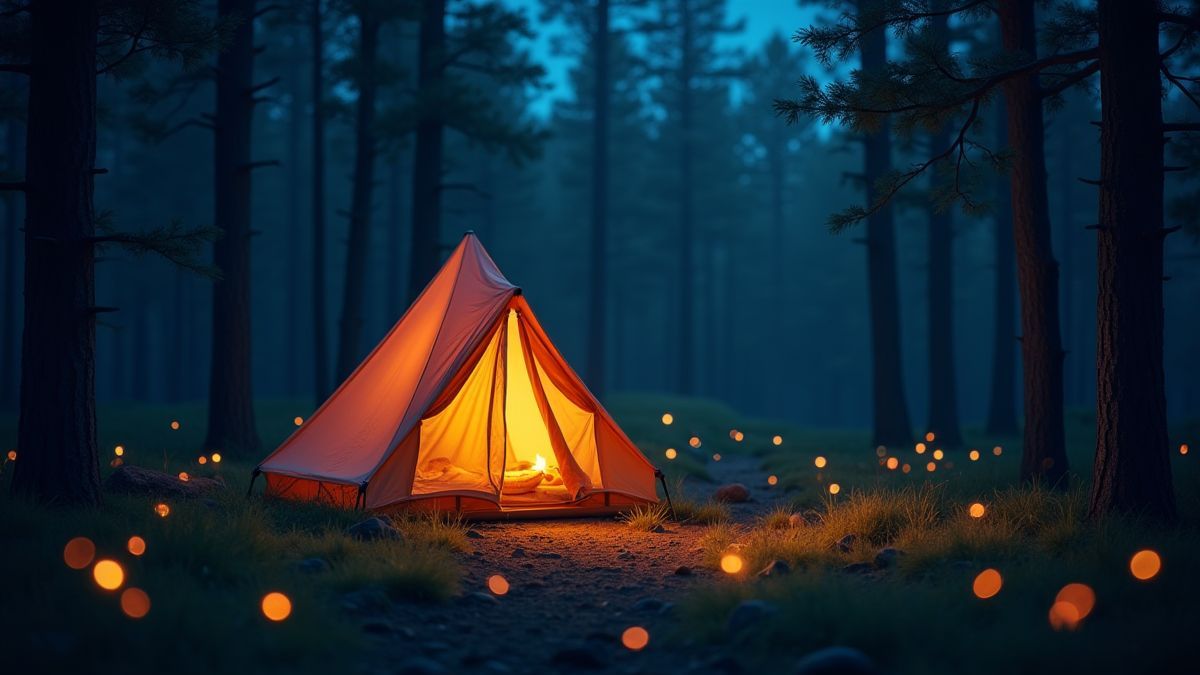 Tienda de campaña rodeada de luciérnagas en el bosque.
