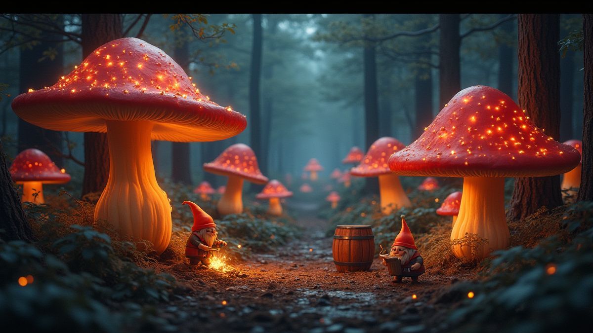 Glowing forest with giant mushrooms and gnomes working near barrels.