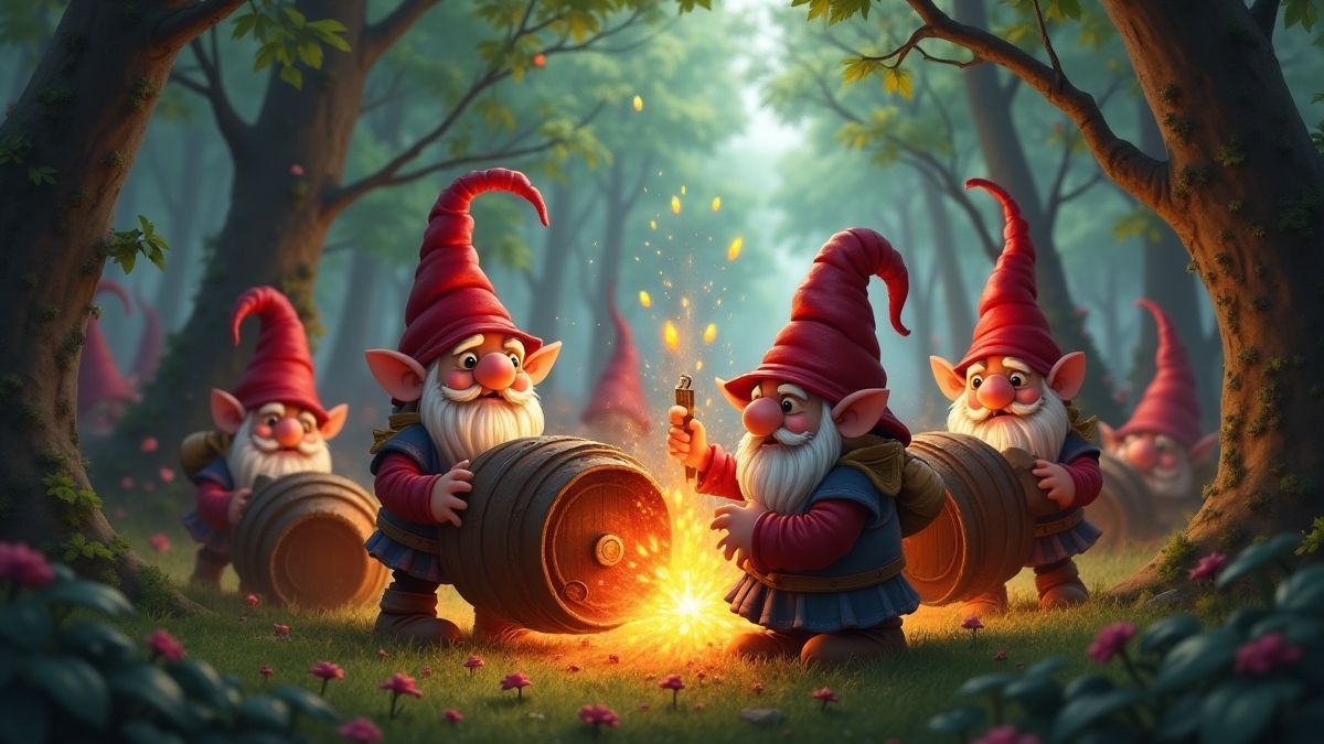 Group of gnomes activating explosive barrels in a magical forest.