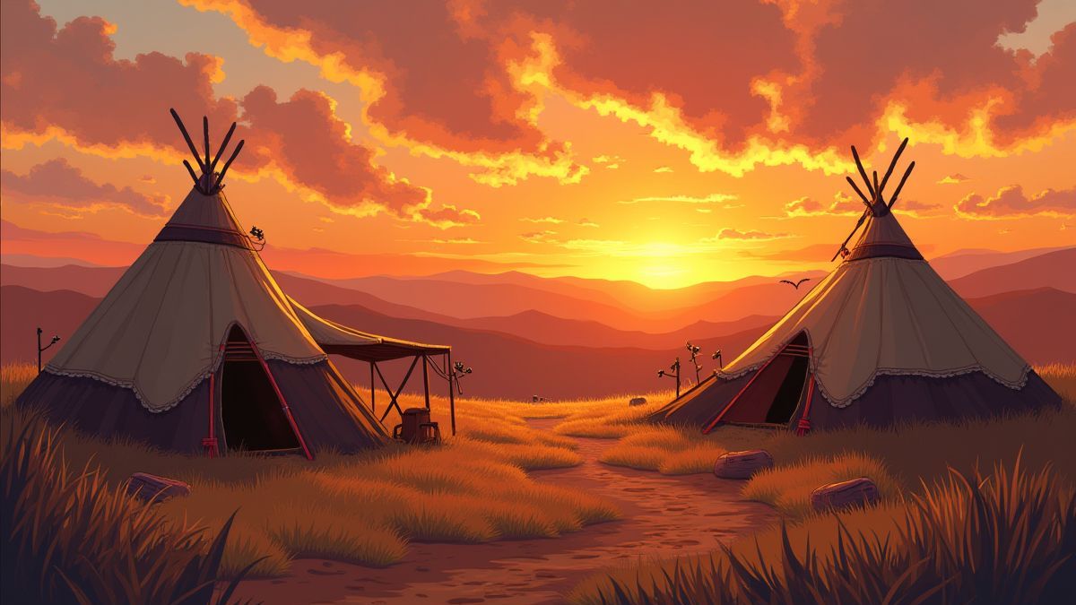 Native American village with a sunset in the background.