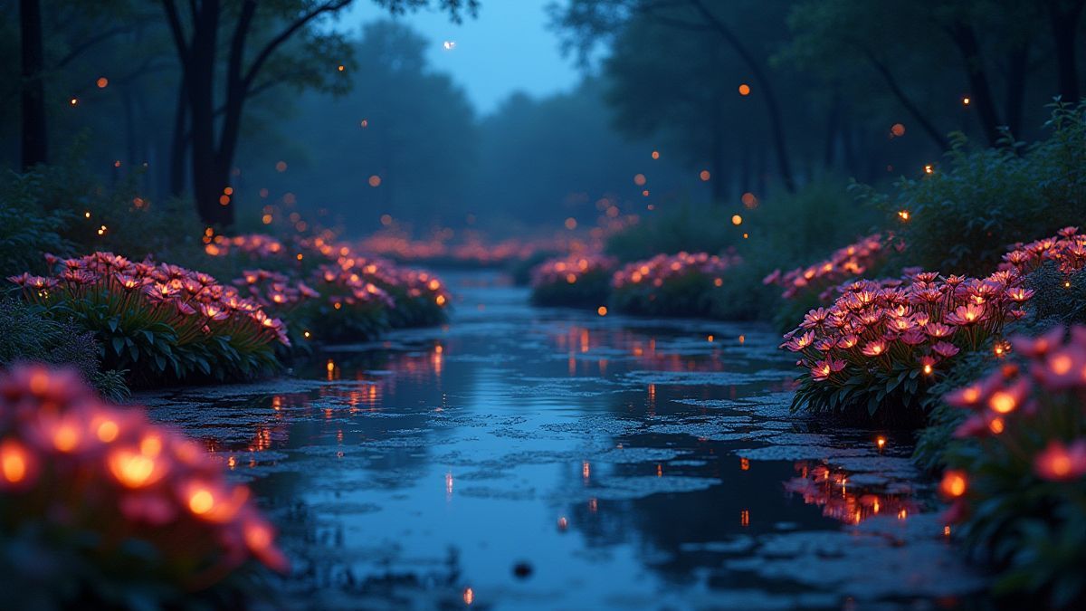 Un estanque mágico con flores brillantes y luciérnagas en el crepúsculo.