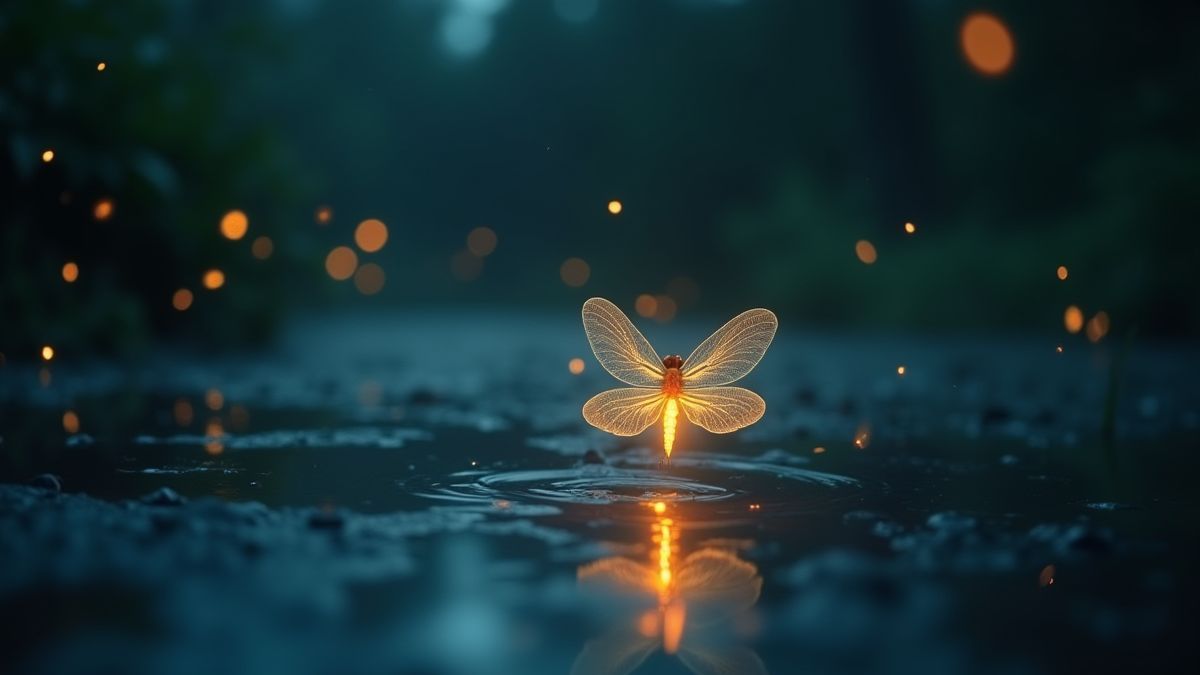 Una luciérnaga brillante sobre un estanque mágico con efectos de luz encantadores.