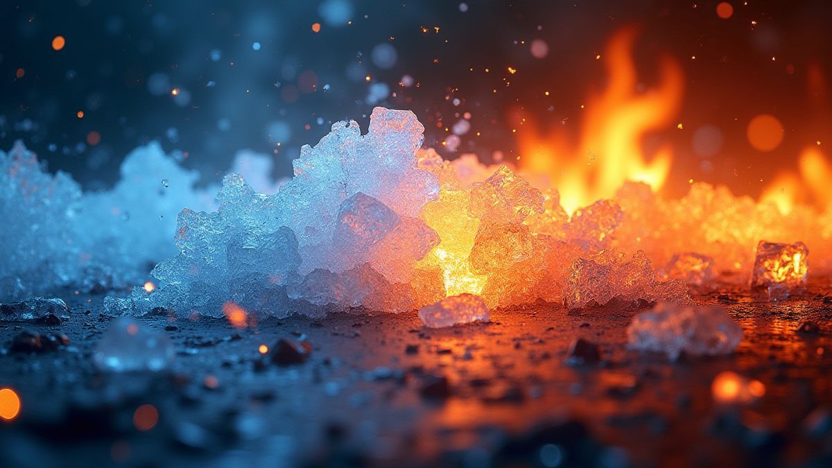Cristales de hielo brillantes y llamas ardientes en un impacto visual.