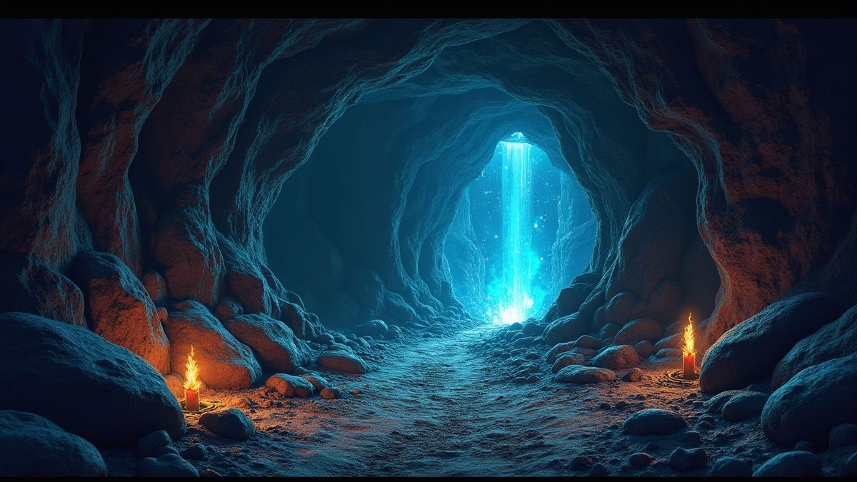Une mine souterraine avec des cristaux brillants et des outils éparpillés.