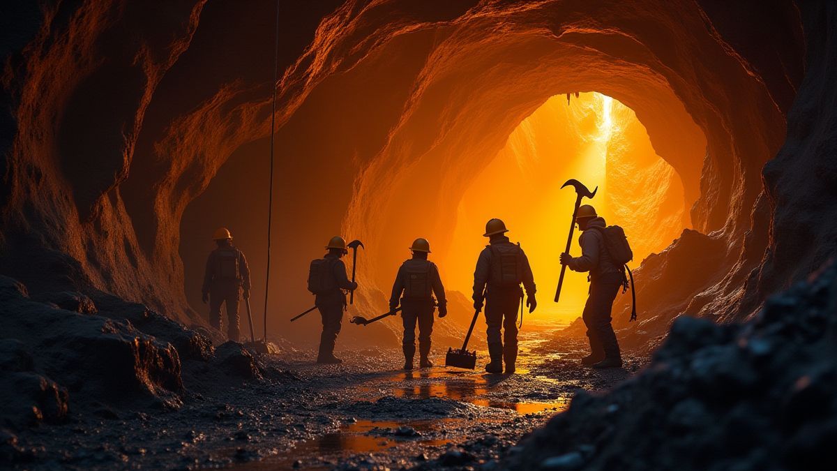 Mineros trabajando en una cueva brillante con picos y carretillas.