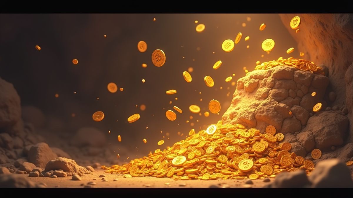 Image animée d'une mine s'effondrant avec des pièces d'or émergeant.