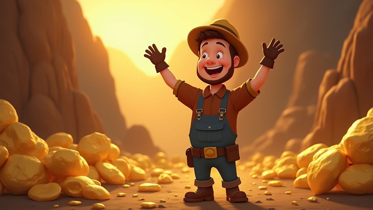 Image d'un mineur célébrant après avoir trouvé une grande pépite d'or.