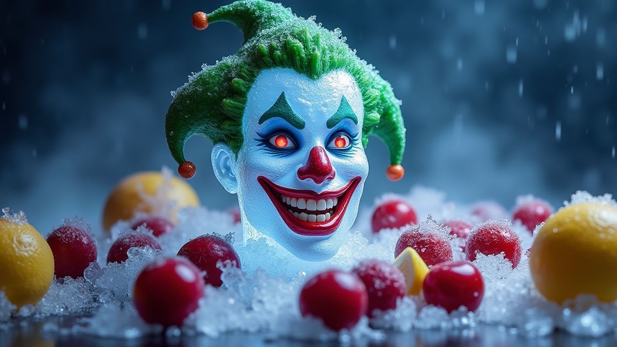 A glowing Ice Joker surrounded by frozen fruits.