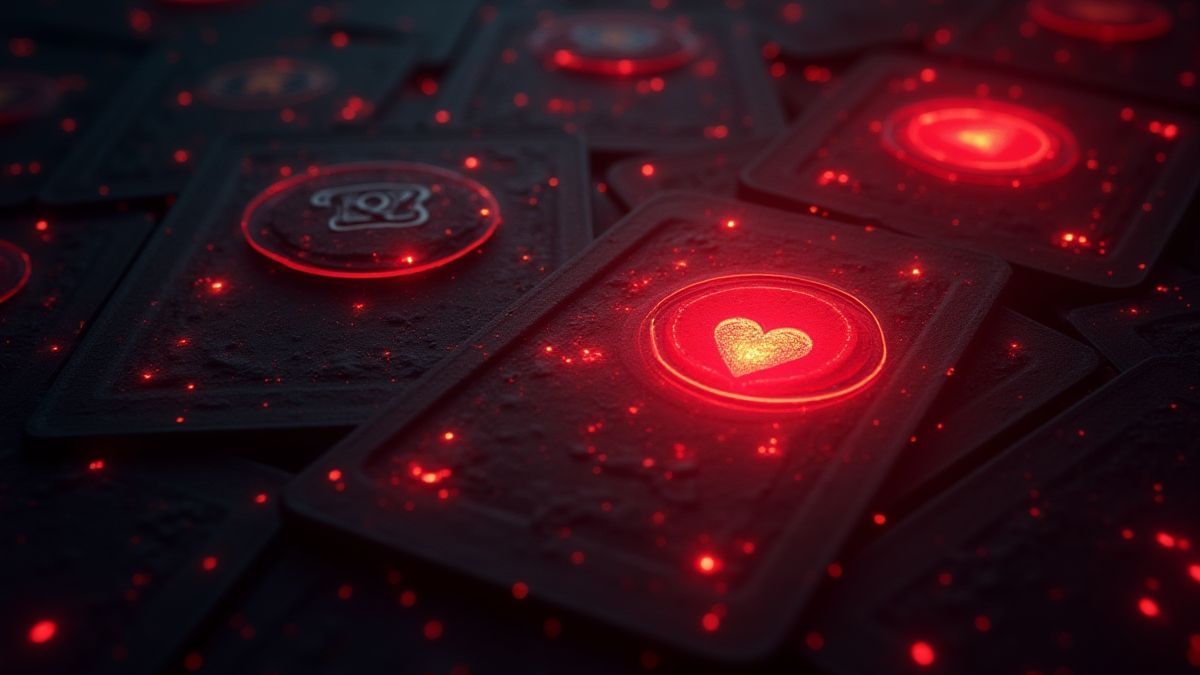 Illuminated card deck with red and black colors under mystical light.