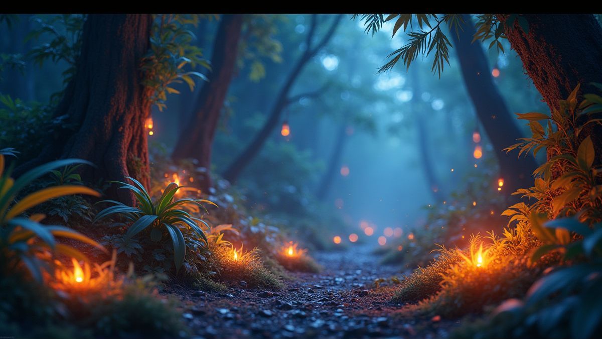 Uma jungla mística com plantas brilhantes e elementos de fogo.