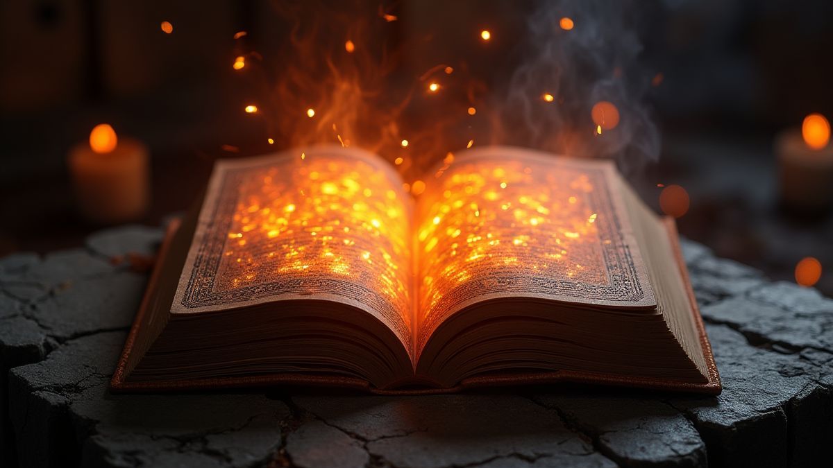 Magical spellbook with burning runes.