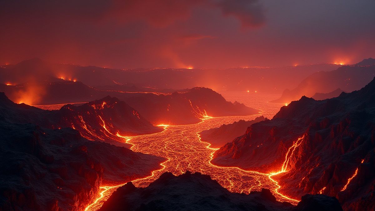 Volcanic landscape with lava and magical sparks.