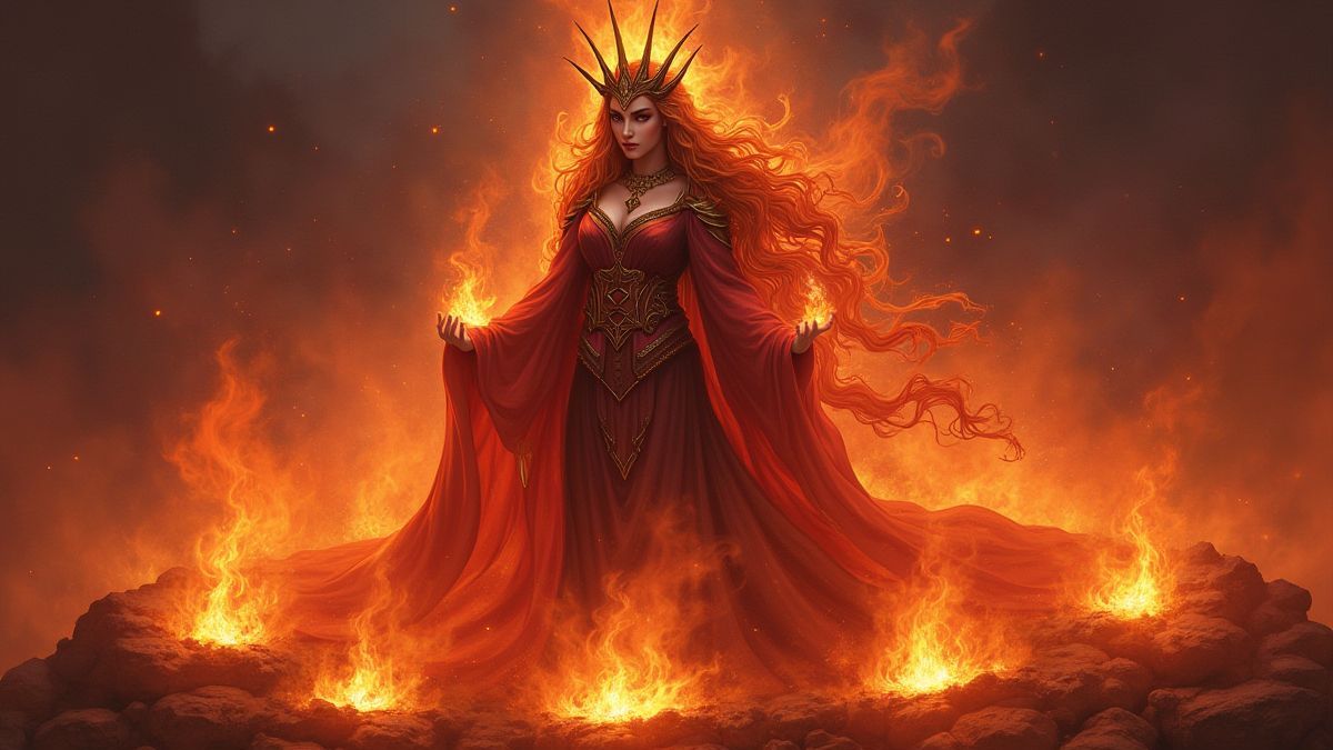 Mystical queen surrounded by fire and glowing treasures.