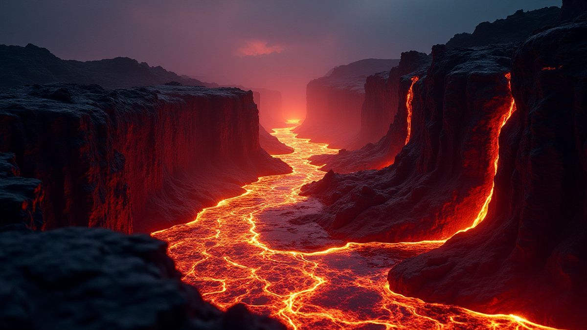 Ríos de lava brillando en un cañón oscuro.