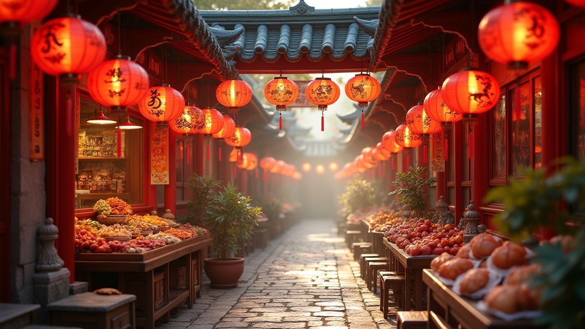 An oriental market with lanterns and zodiac symbols.