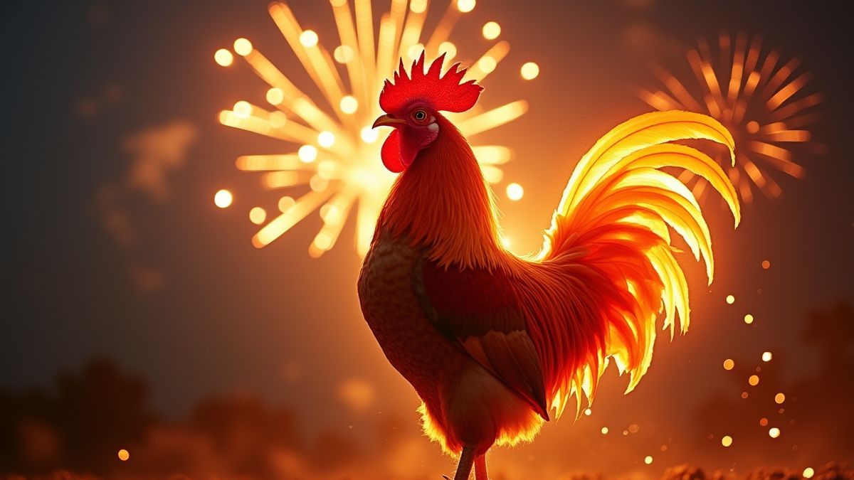 A fiery rooster standing triumphantly under fireworks.