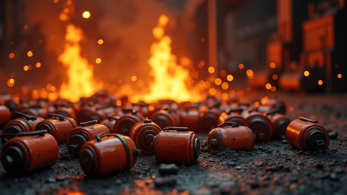 Latas de aceite dispersas en un entorno industrial con llamas de fondo.