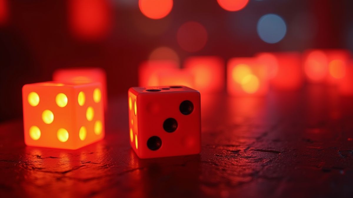 Um salão de cassino com temática de fogo e luzes brilhantes.