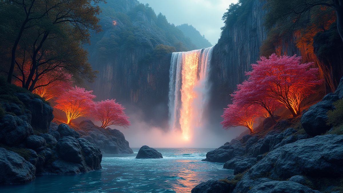 Cascada luminosa rodeada de árboles fantásticos y rocas ardientes.