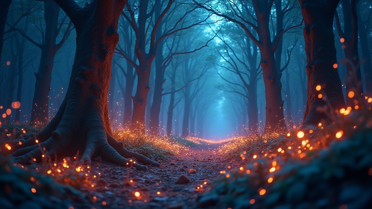 Een magisch bos met glanzende vuurdeeltjes