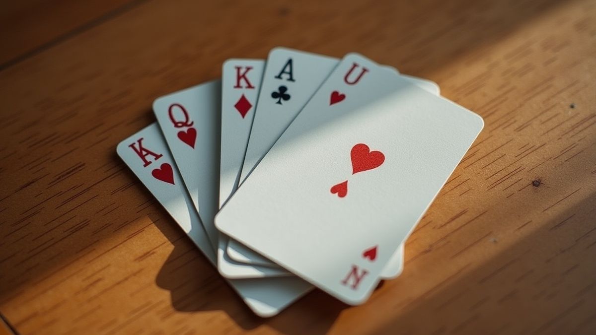 Uma baralha de cartas sobre uma mesa de madeira.