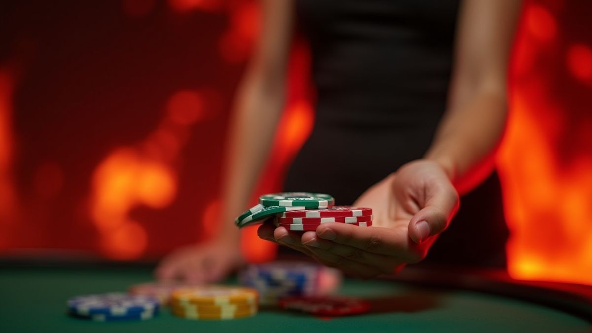 Un jugador sosteniendo fichas de casino con un fondo ardiente.