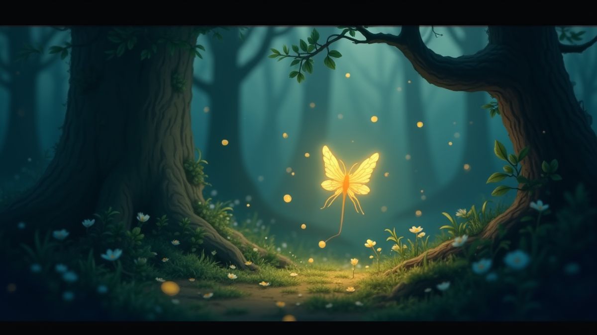 A glowing firefly in a magical forest.