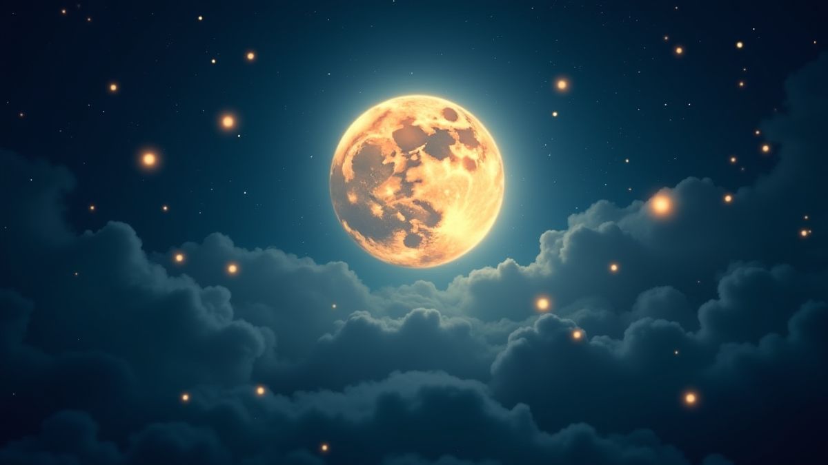 A shining moon surrounded by fireflies in a magical sky.