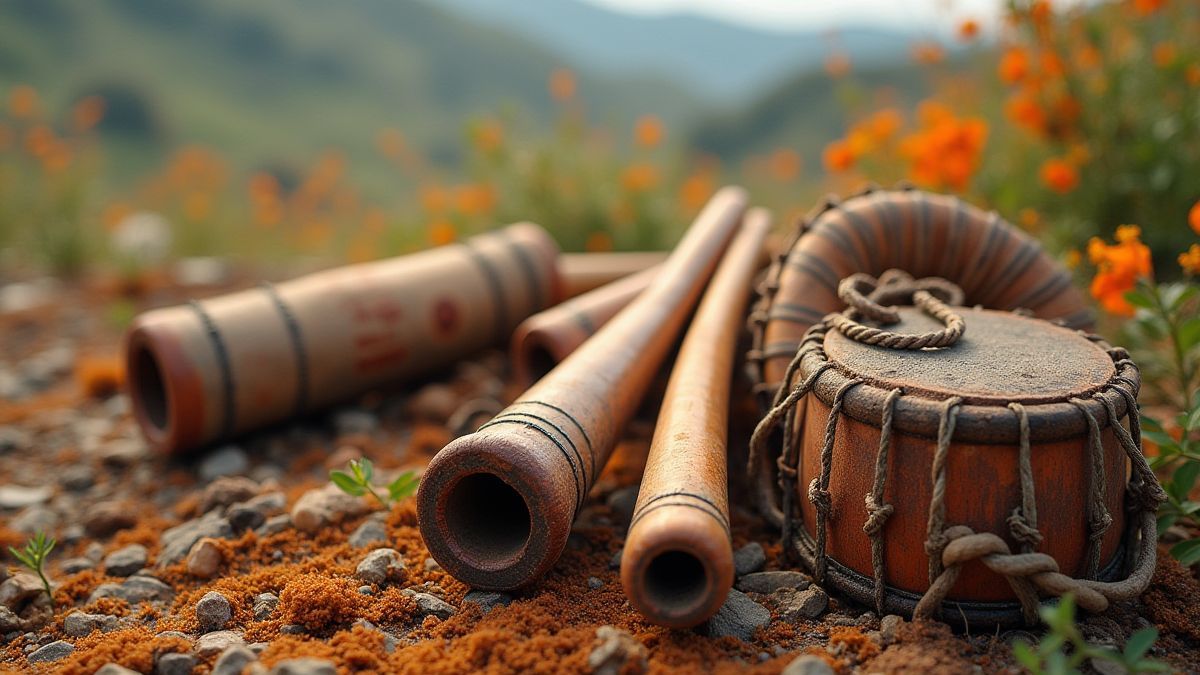 Artefactos indígenas americanos como pipas de paz y tambores.