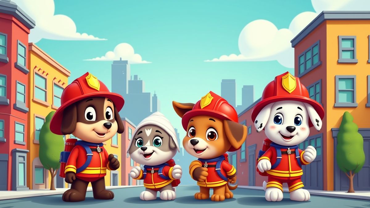 Animatiestad met brandweermannen honden