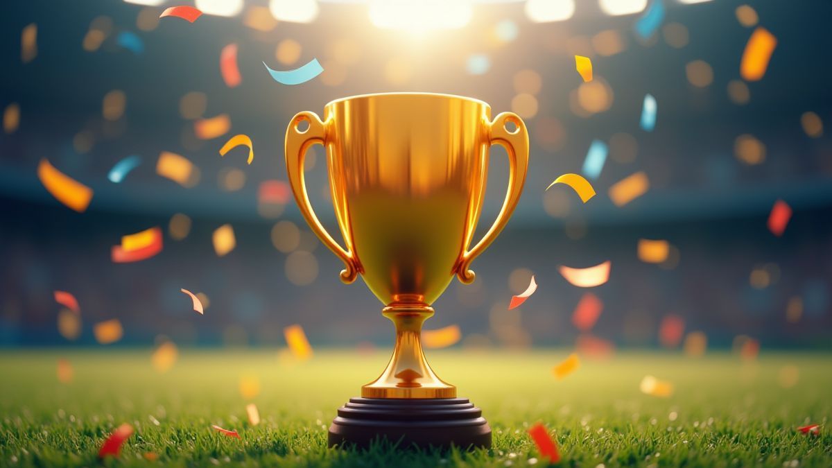 A football trophy surrounded by confetti.