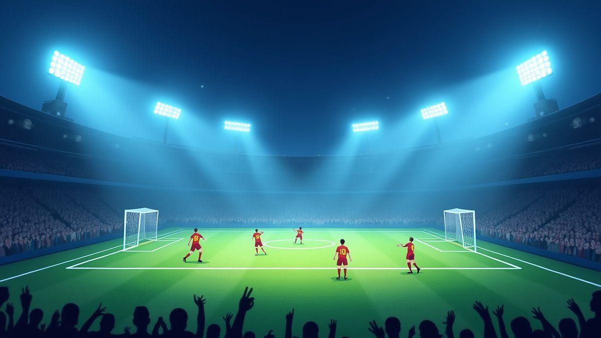 A football field illuminated by night lights with players celebrating a goal.