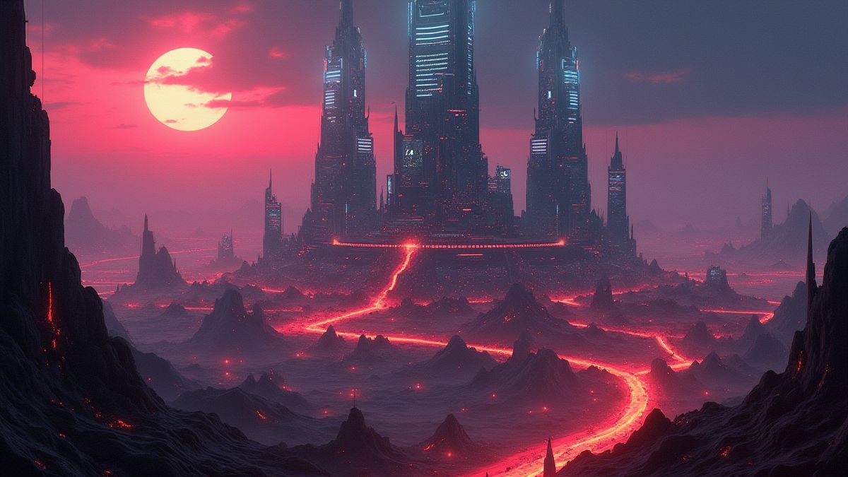 Futuristic city surrounded by fiery landscapes.