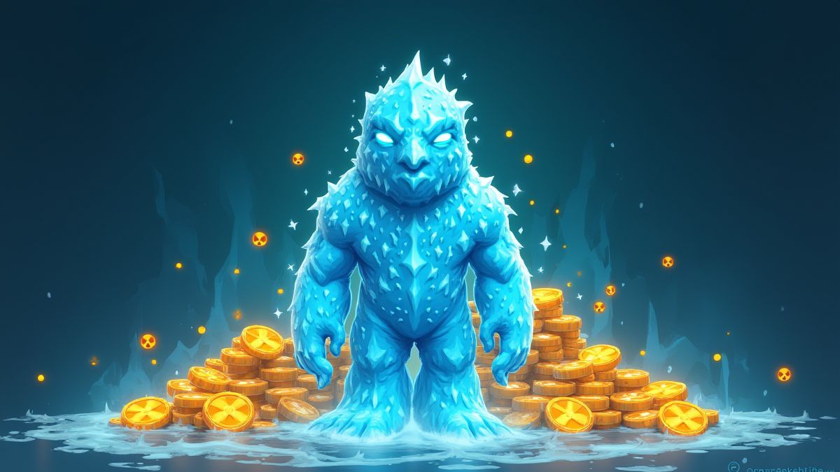 Icy character surrounded by glowing coins and radiation symbols.