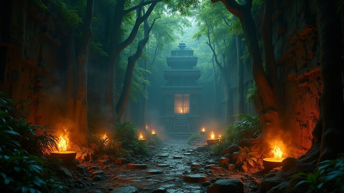 Selva asteca com artefatos brilhantes e efeitos de fogo.