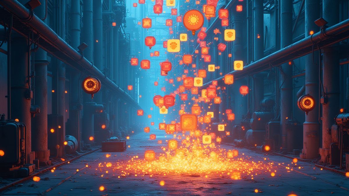 Farbige Symbole, die in einer bunten Fabrik in einer kaskadenartigen Weise fallen.