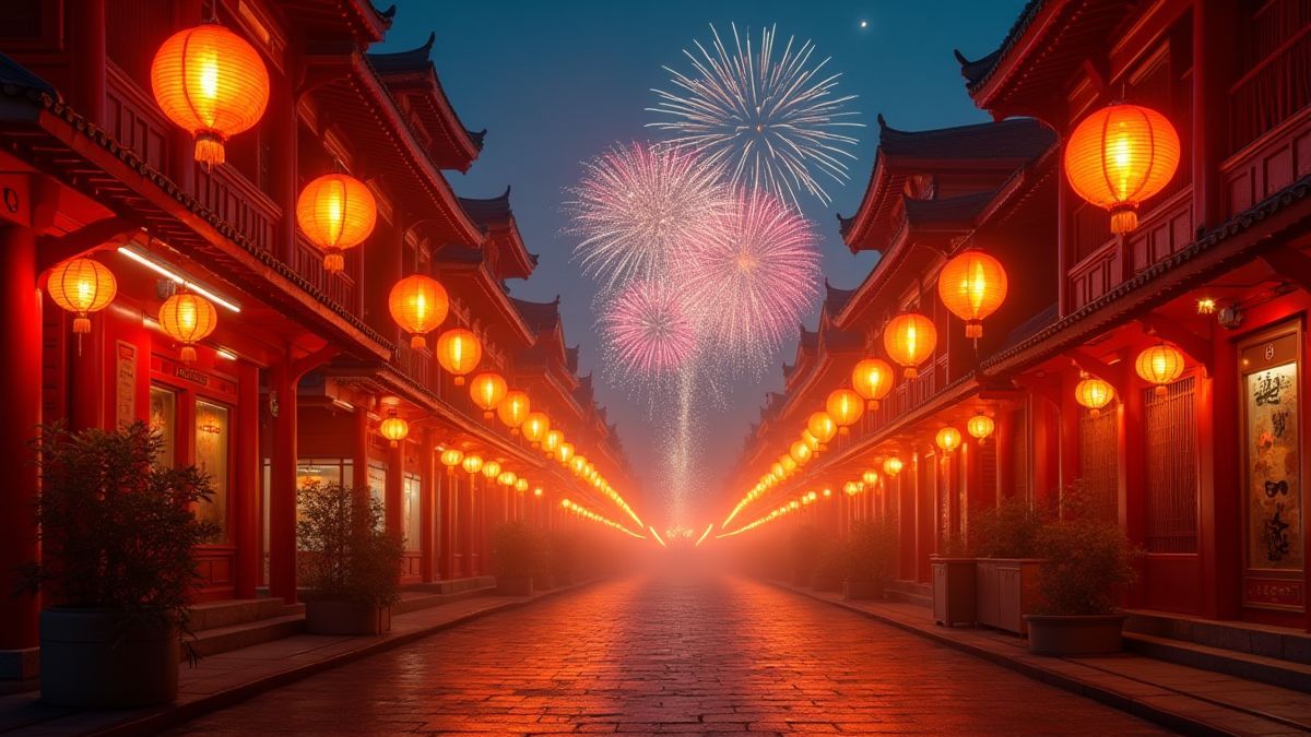 A festive Asian street lit by lanterns with fireworks in the sky.