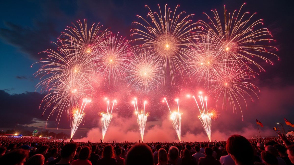 A colorful festival scene with fireworks illuminating the sky.