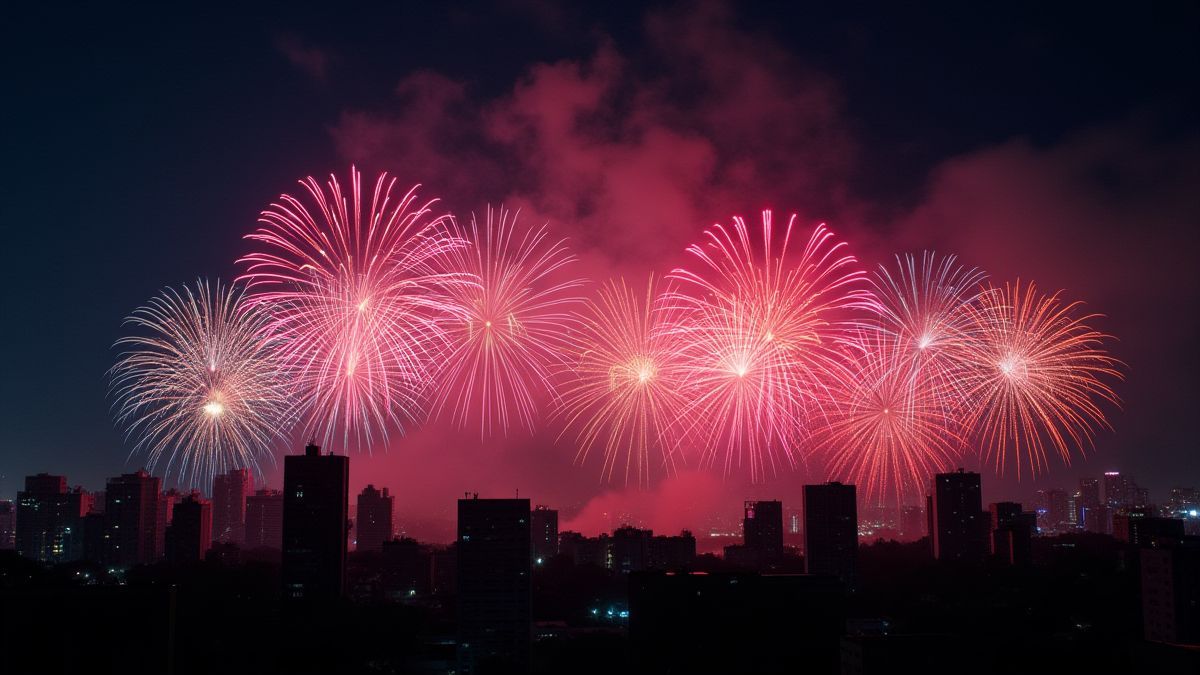 Vuurwerk boven een donkere stad.
