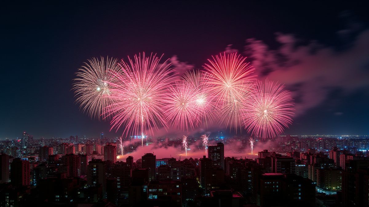 Feux d'artifice illuminant une ville de nuit.
