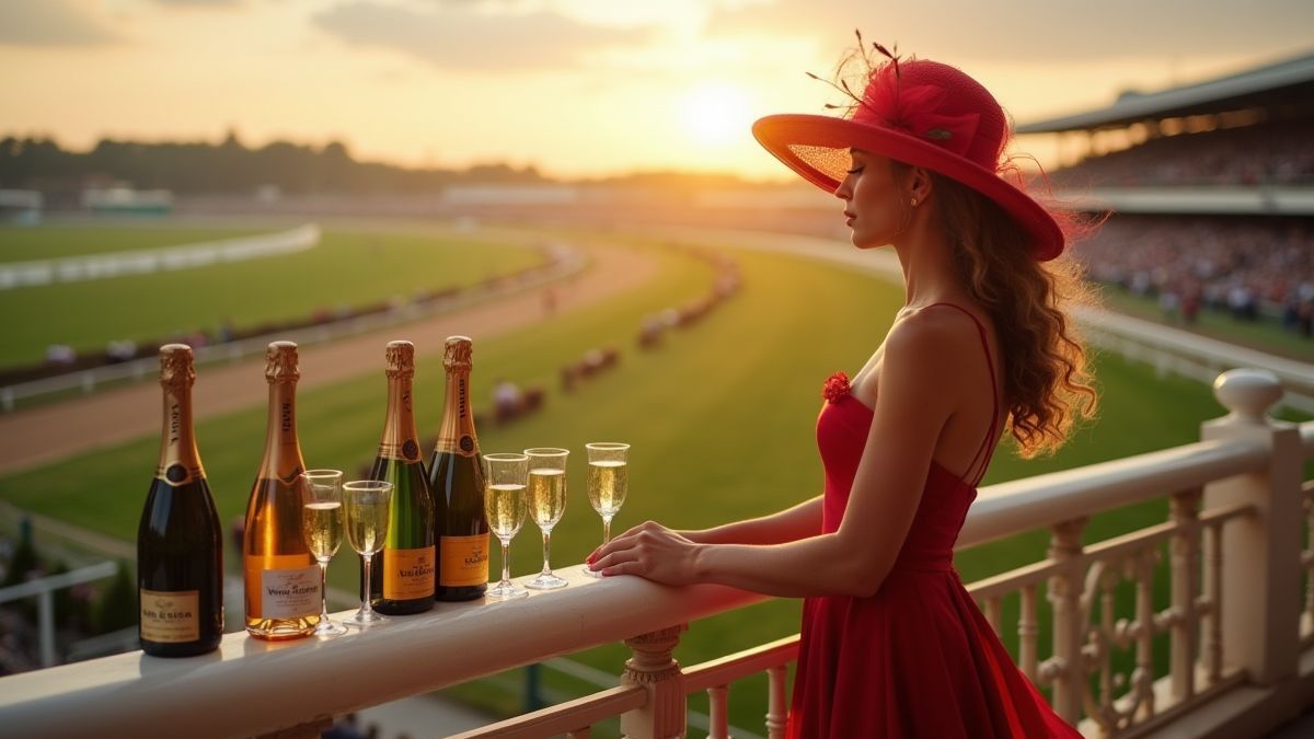 Hipódromo elegante con champán y dama con sombrero rojo.