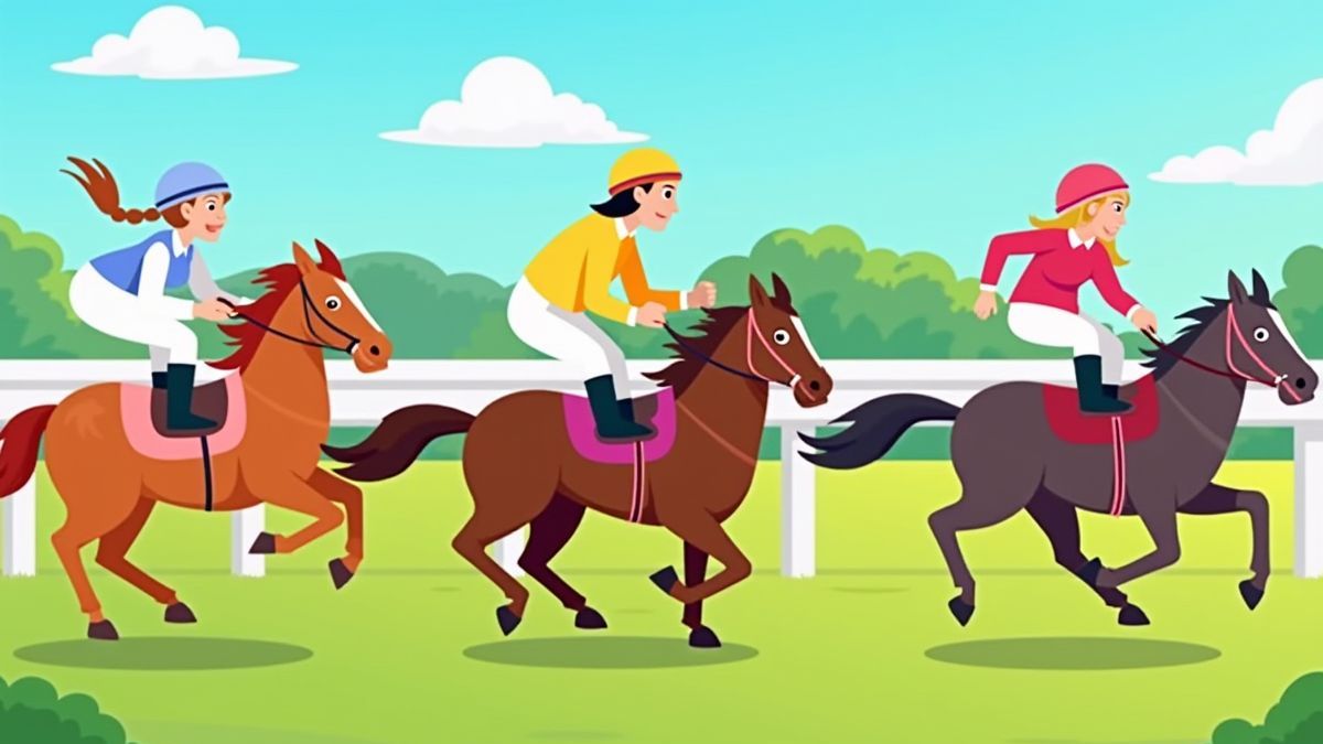 Carrera de caballos animada con tres caballos en la meta.