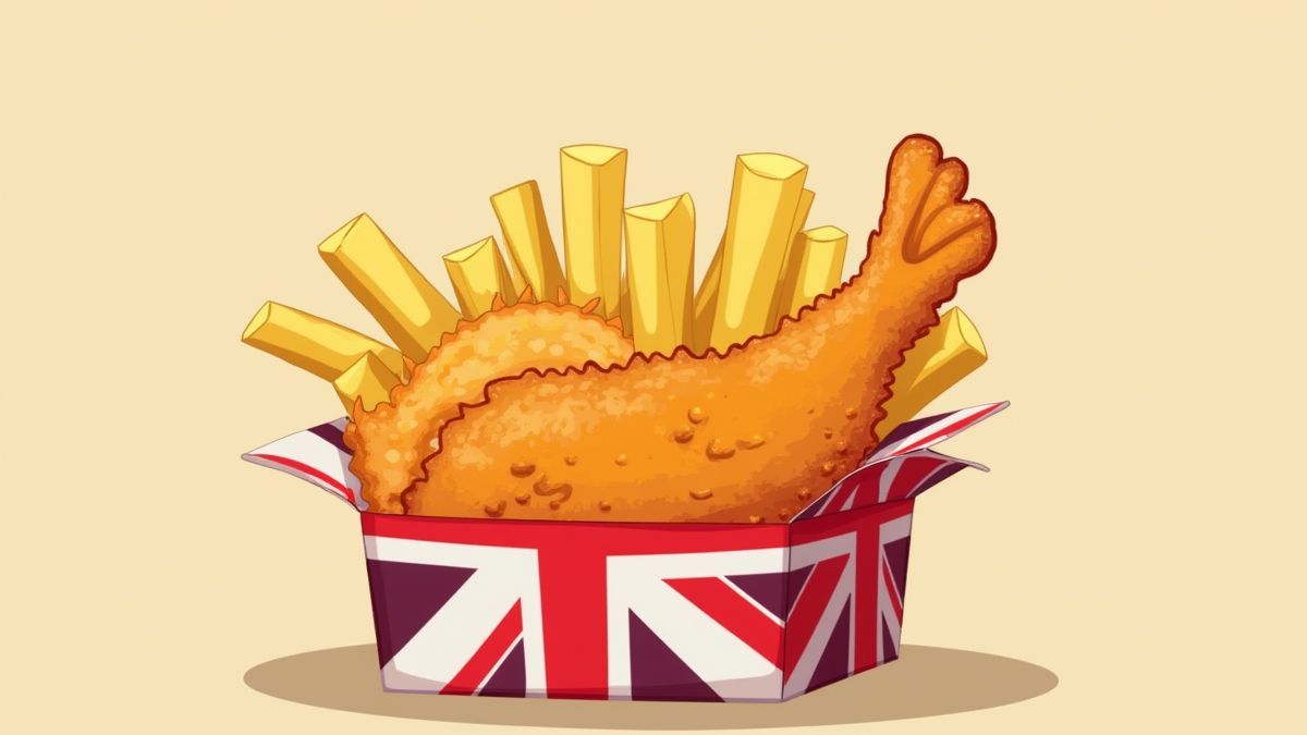 Imagen animada de pescado y patatas fritas en una caja clásica para llevar británica.