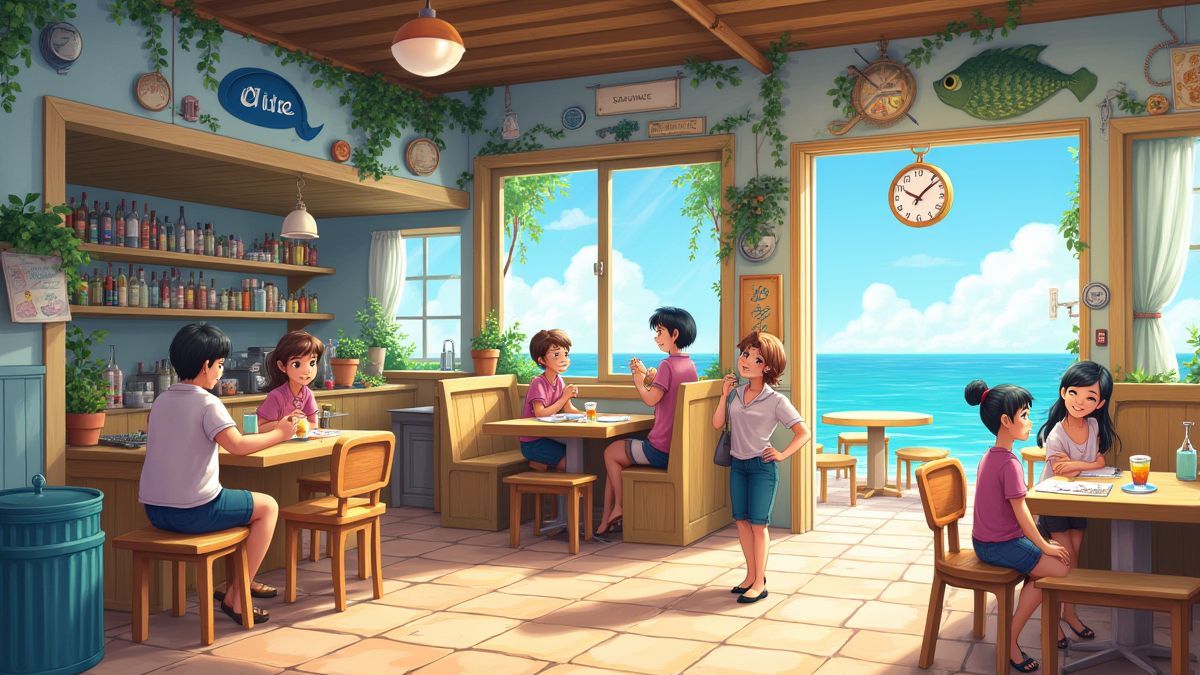 Restaurant en bord de mer avec décoration thématique de poisson et clients animés.